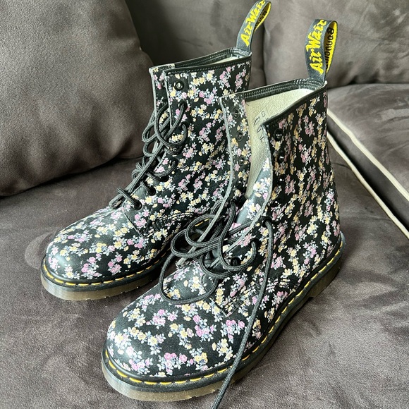 Dr. Martens Shoes - Dr. Martens Black Combat Boots with Glossy Finish and Yellow Pull Tabs
